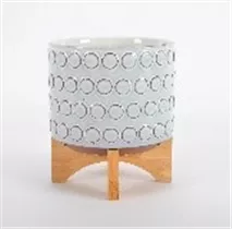 weiss/blau - Übertopf mit Gestell, 19x19x22cm