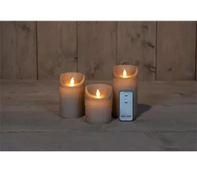 7,5X10/12,5/15CM - 3x3 - B.O. 3SET KERZE TAUPE WACHS RUSTIKAL BEWEGLICHE FLAMME