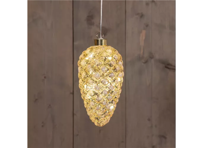 17 cm Mercury Gold/schnee - Tannenzapfen Glas LED